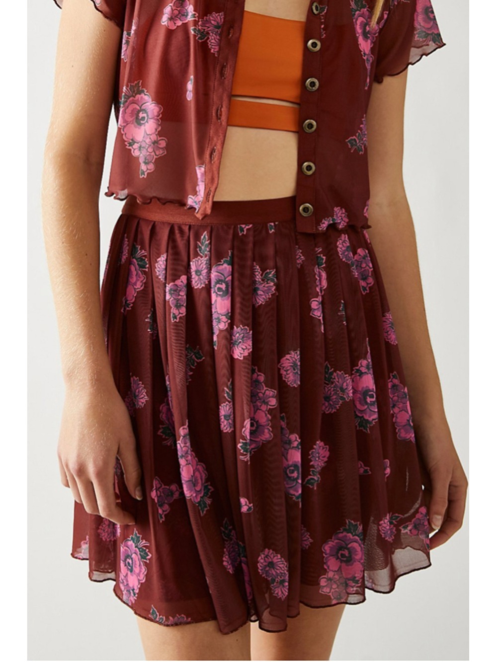 Free People Florence Mesh Floral Mini Skirt - Cocoa Combo, Size M NWOT